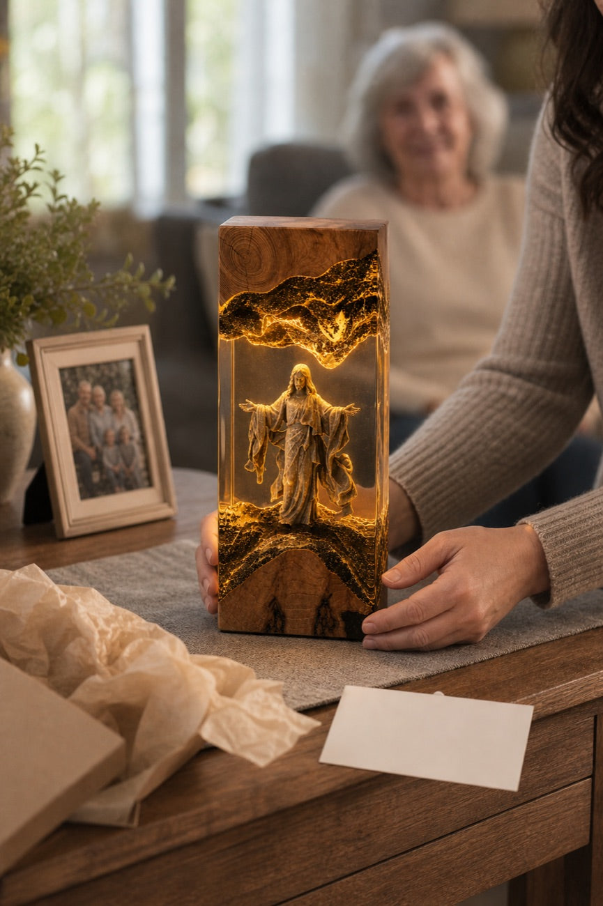 A daughter giving the Sacred Glow lamp to her elderly mother as a gift