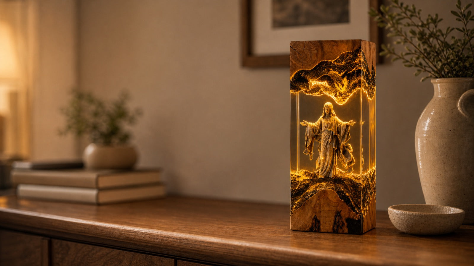 Sacred Glow lamp glowing warmly on a wooden sideboard