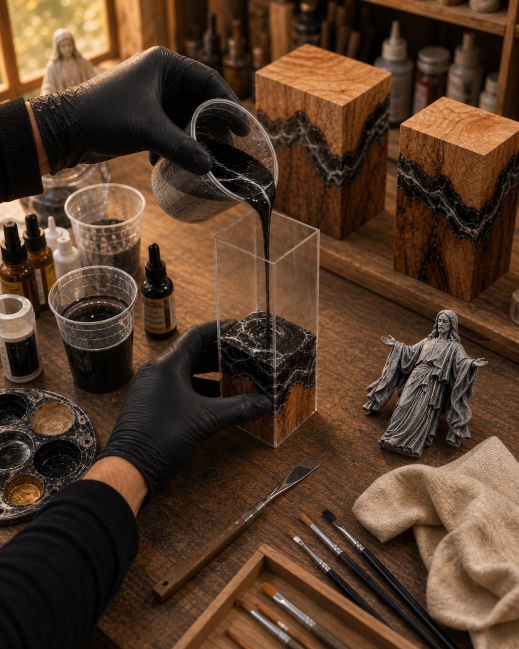Hand-pouring resin around the figure