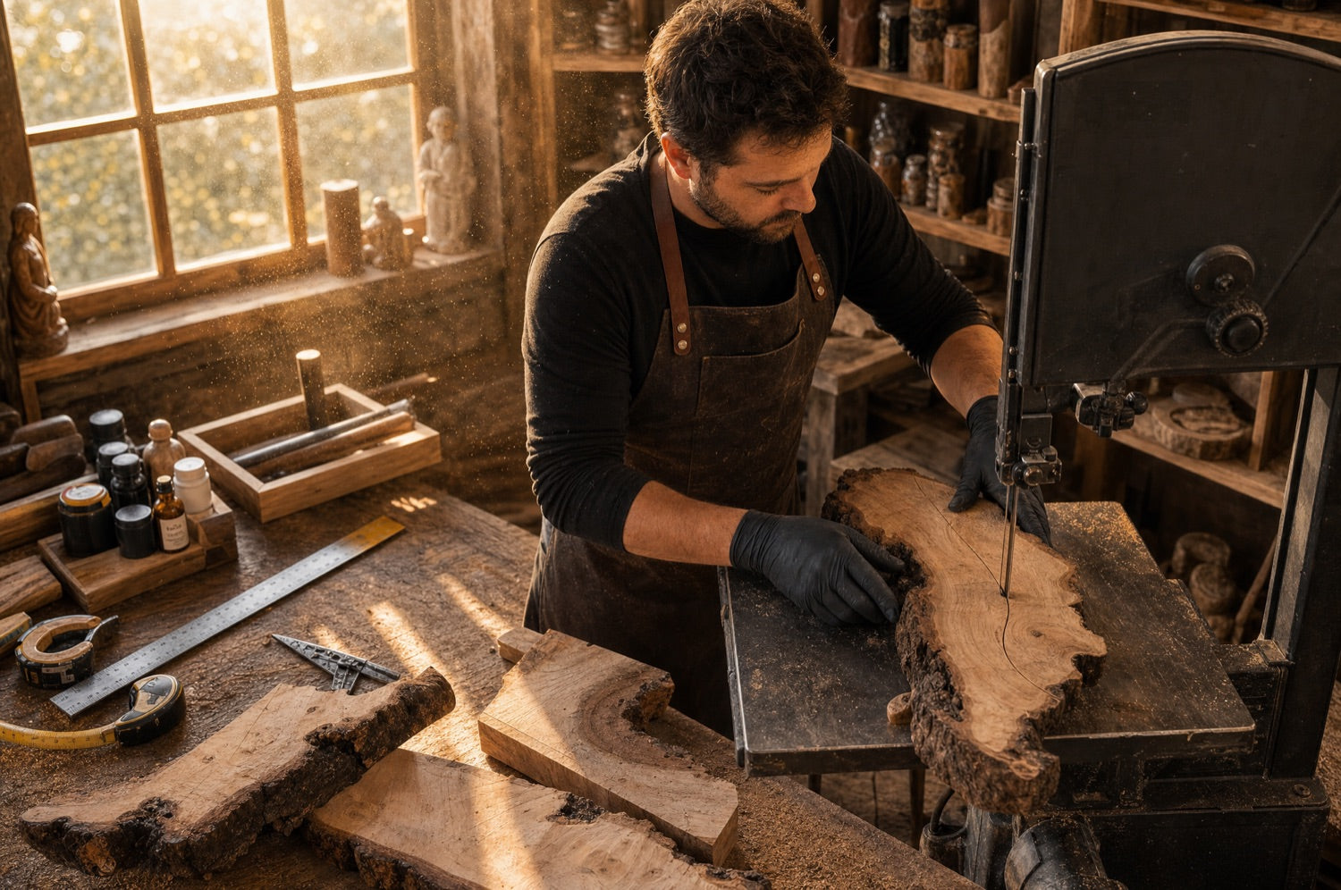 Artisan cutting live-edge wood