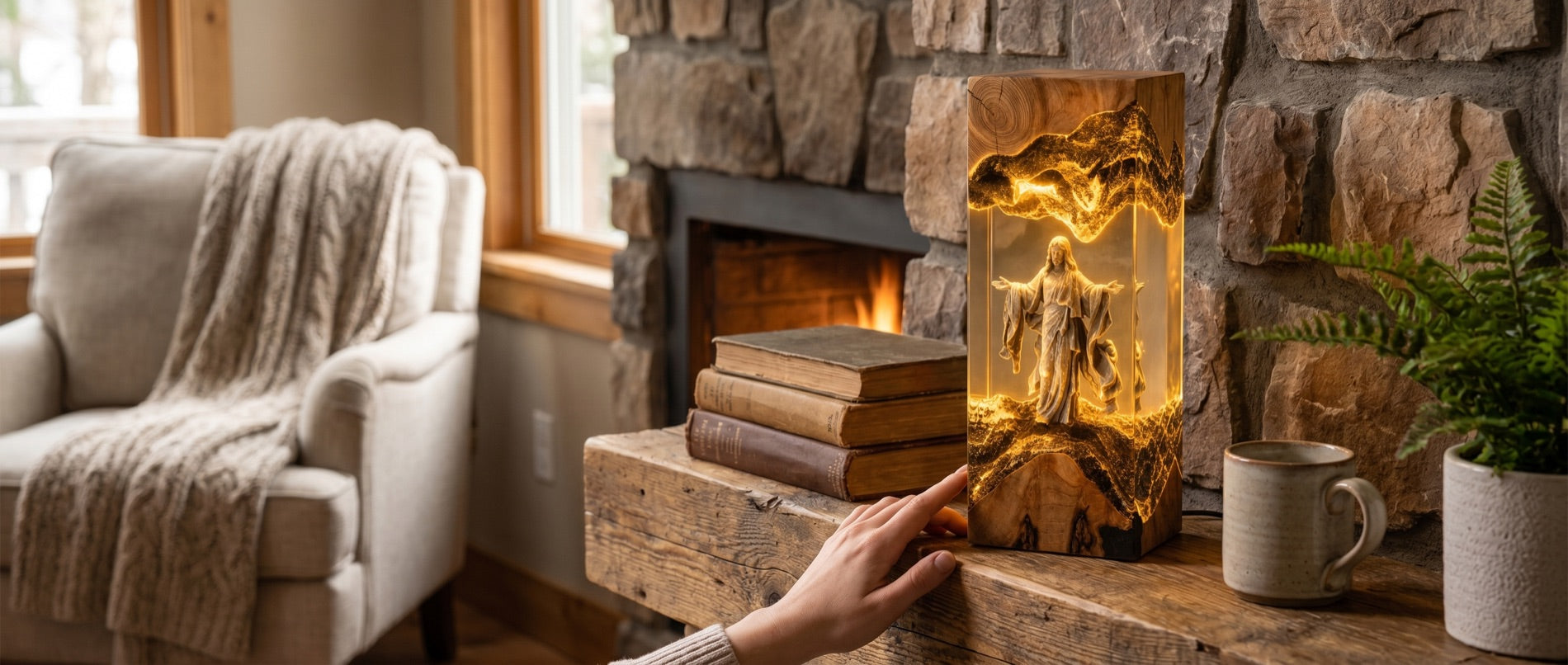 Lamp on a stone fireplace mantel