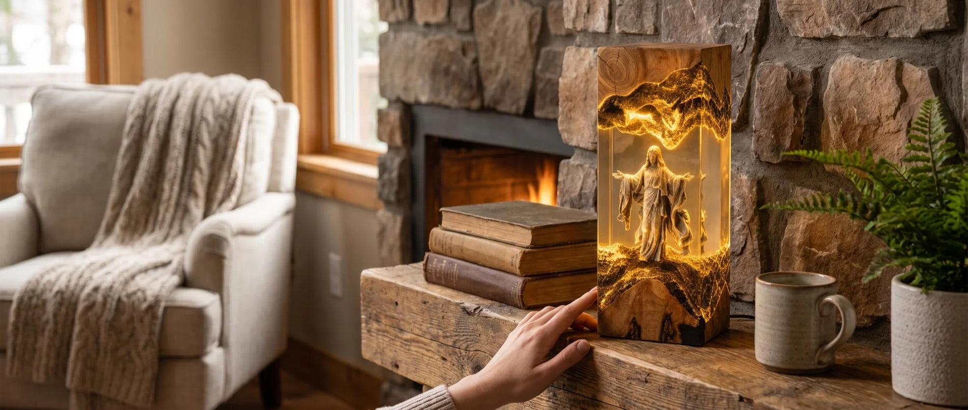 The Sacred Glow lamp glowing warmly
