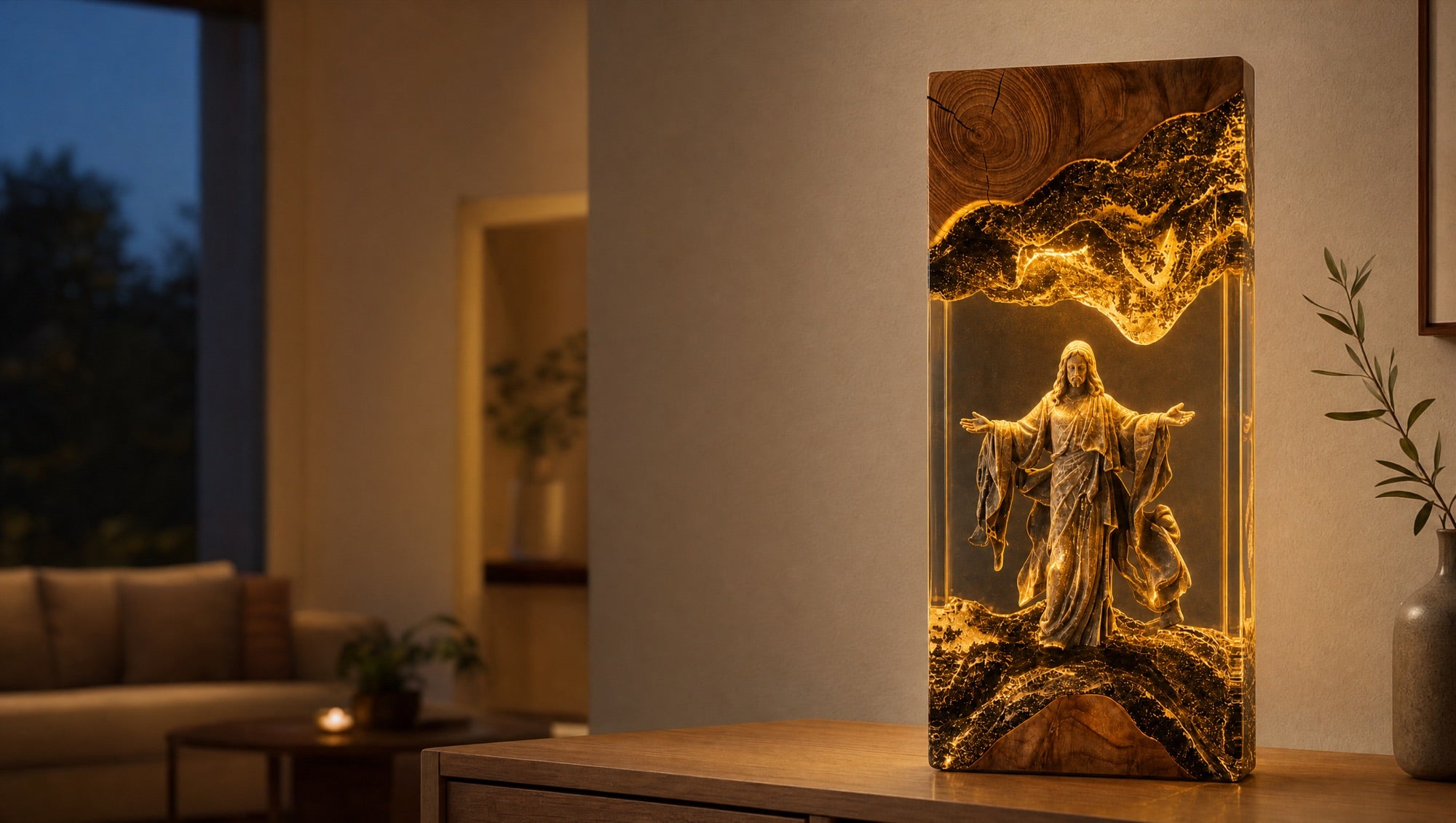 Sacred Glow resin lamp glowing in a living room at dusk