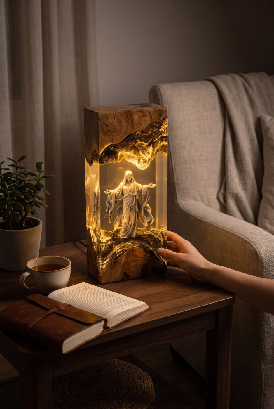 Lamp glowing beside an armchair and open book