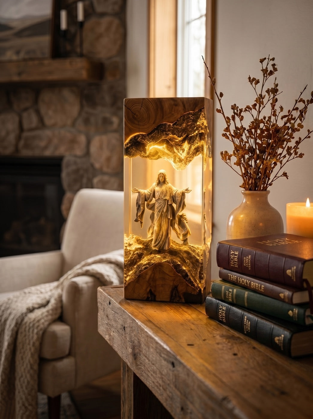 Lamp glowing beside a stack of Bibles and dried flowers