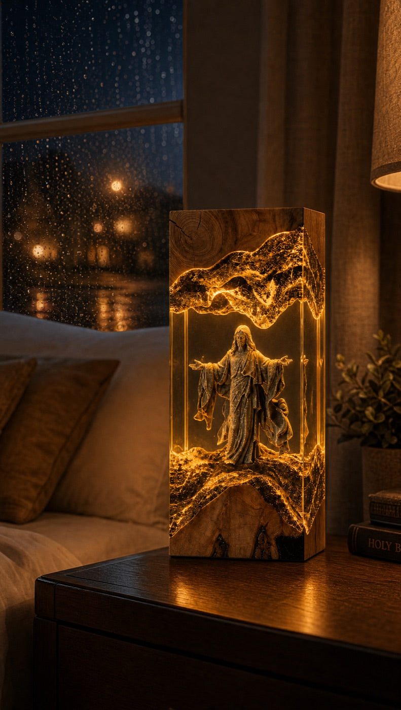 Lamp glowing on a nightstand by a rainy window