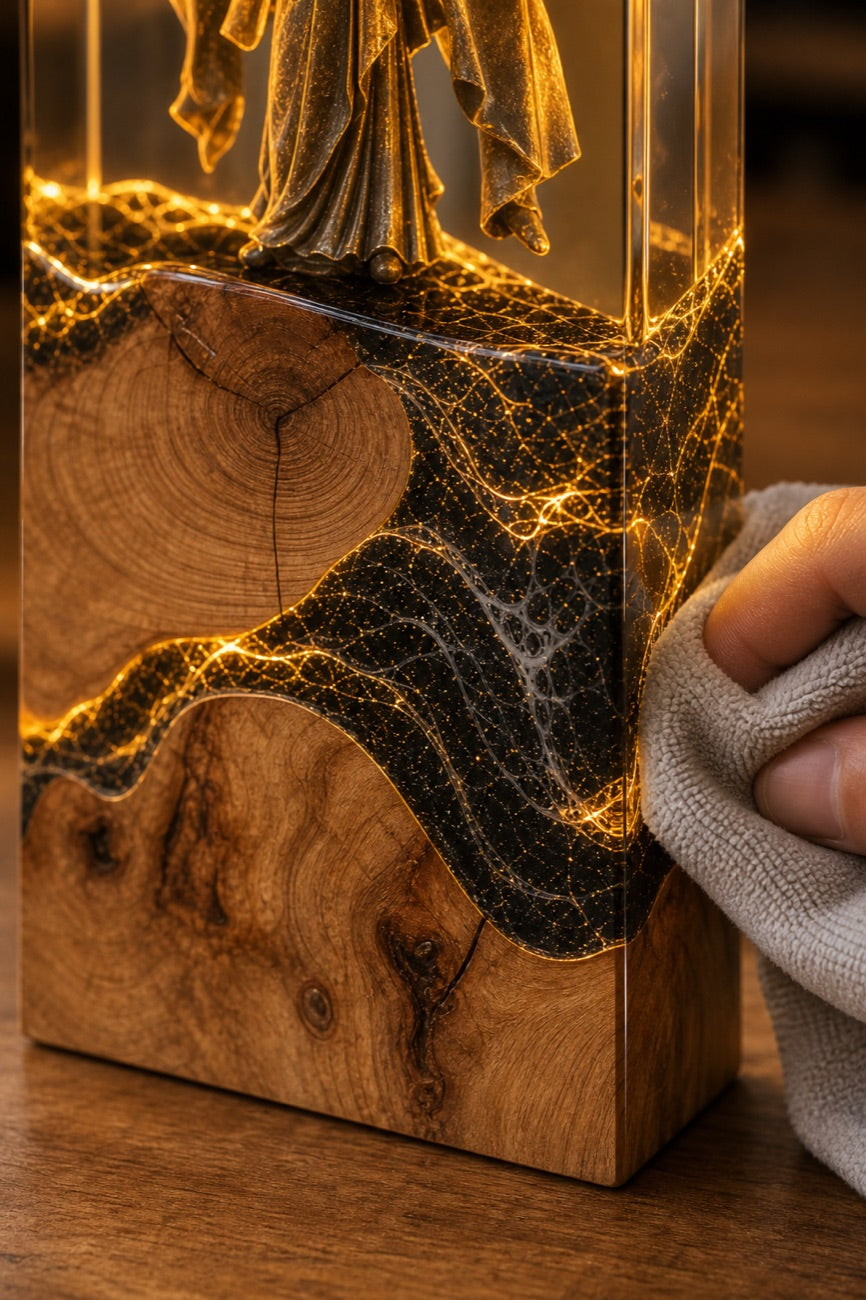 Macro close-up of glowing gold resin veins and wood grain
