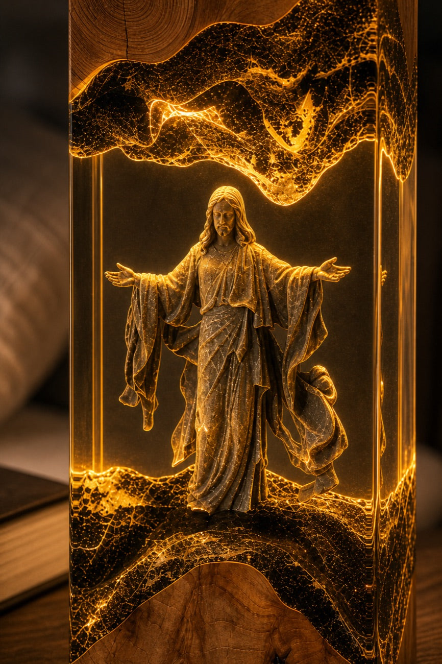 Front-on close-up of the glowing risen Christ figure inside the Sacred Glow resin lamp